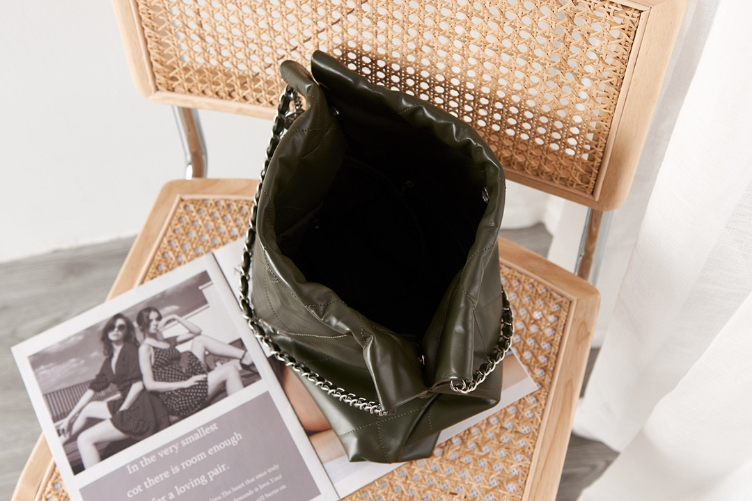 Ch*el 22 small handbag shiny calfskin & silver metal black 13.7×14.4×2.7 in