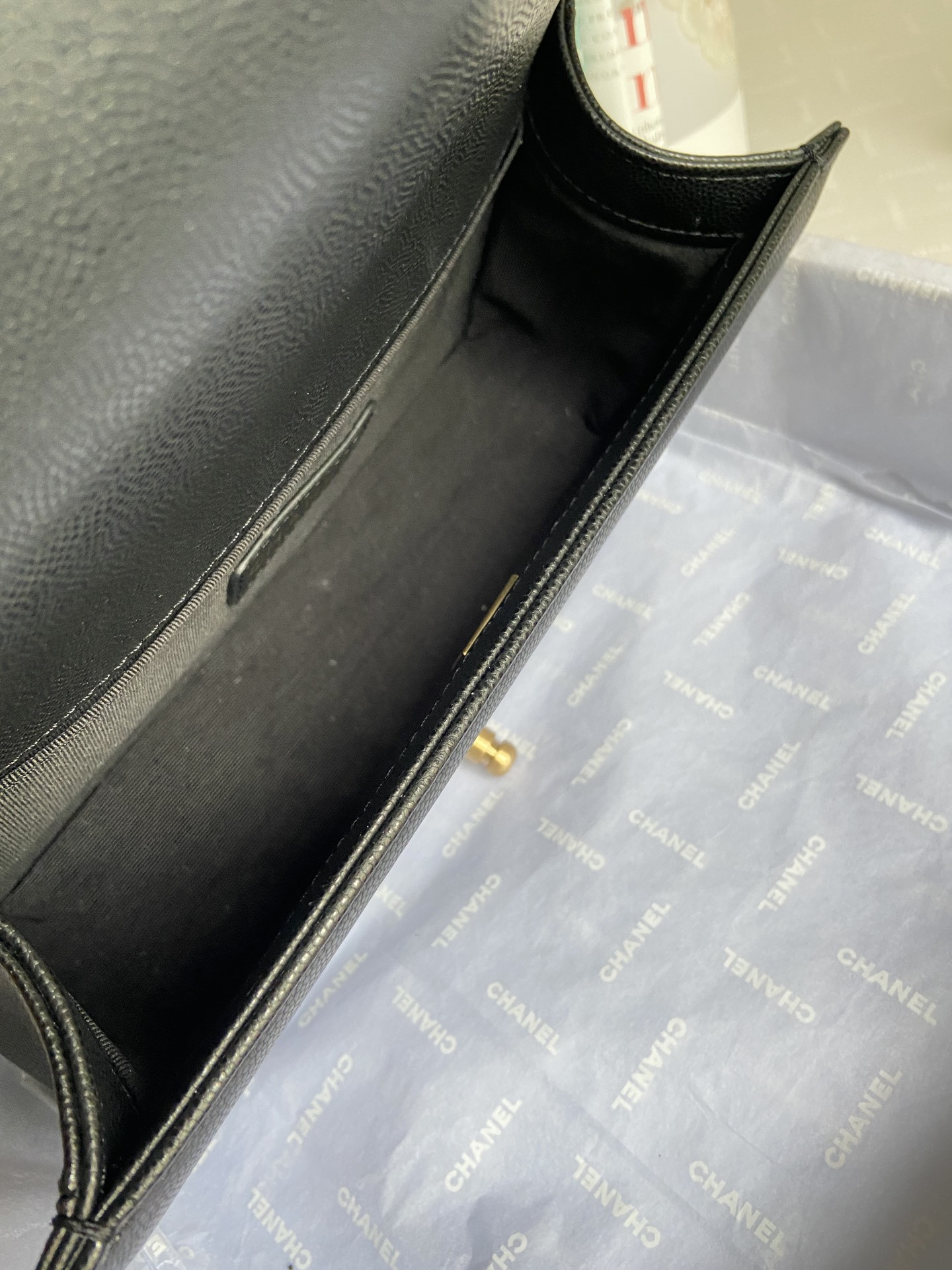 boy Ch*el handbag shiny grained calfskin black 5.9 × 9.8 × 3.5 in