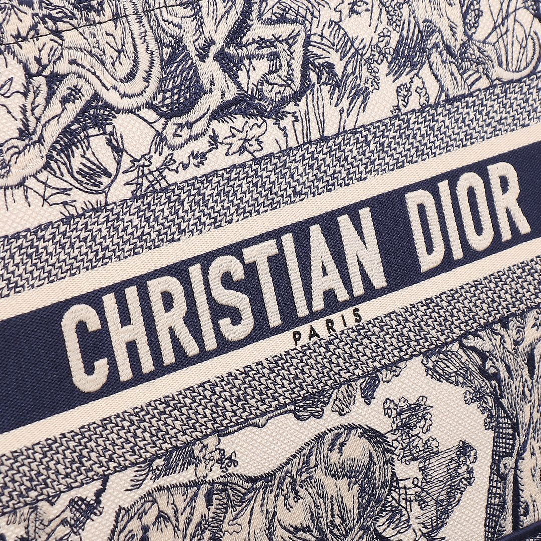 medium D*or book tote ecru and blue toile de jouy embroidery 14 x 11 x 6.5 inches