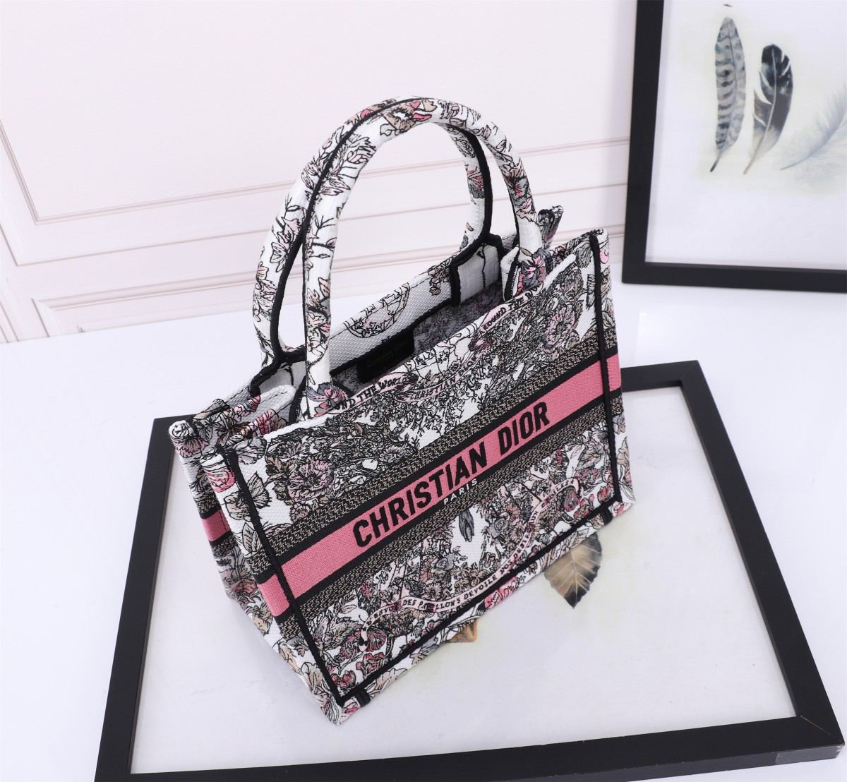 small D*or book tote white and pastel pink butterfly around the world embroidery 10.5 x 8.5 x 5.5 inches