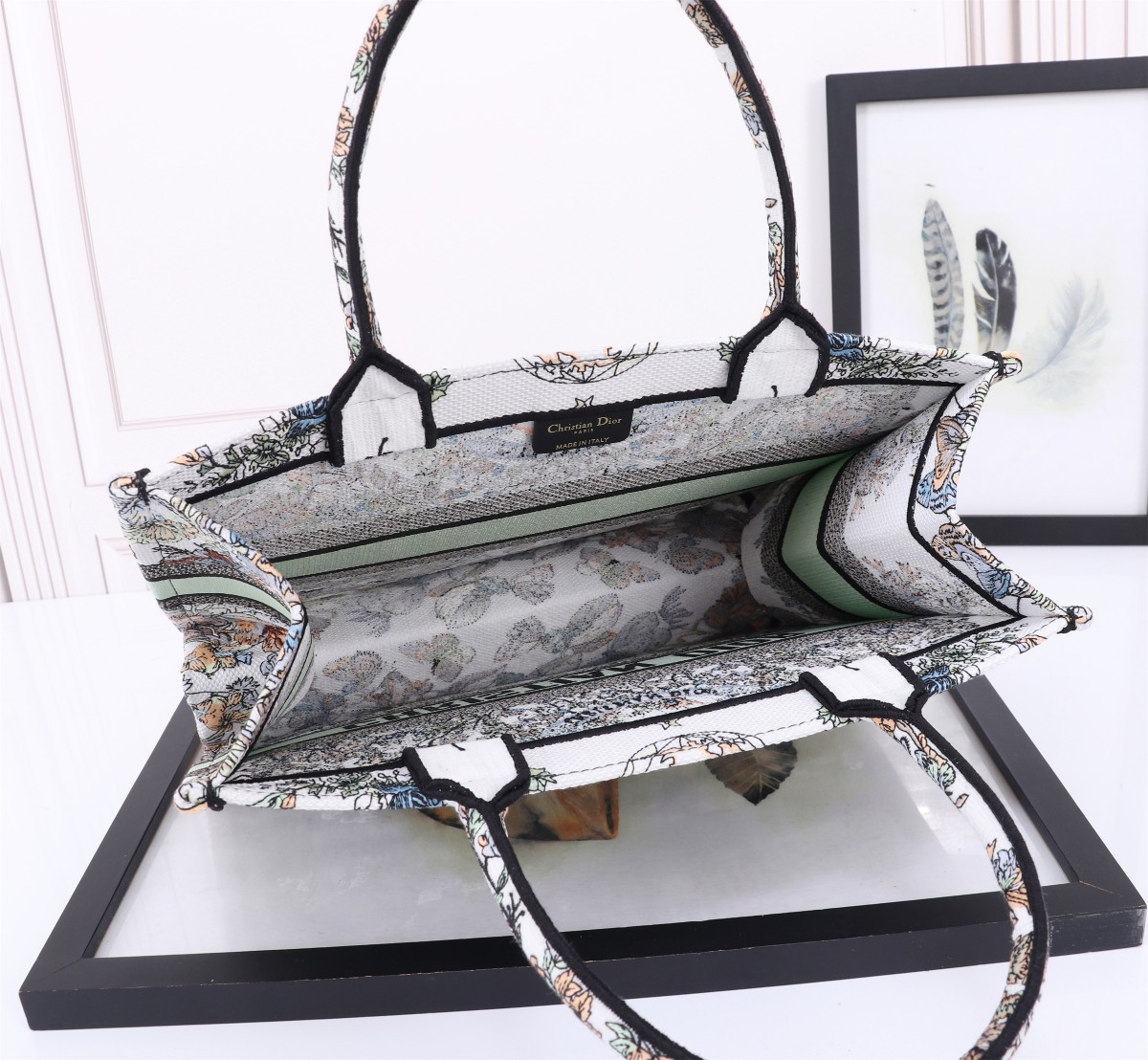 medium D*or book tote white multicolor toile de jouy mexico embroidery 14 x 11 x 6.5 inches